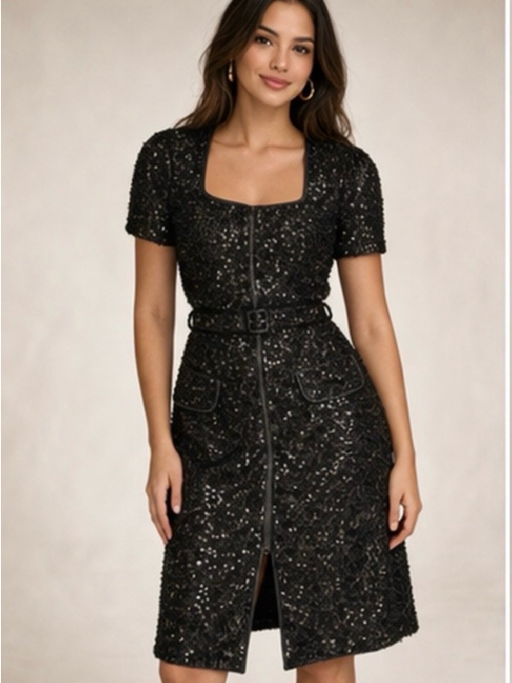Donna Karan New York Black Sequin Belted Dress NWT Size 10